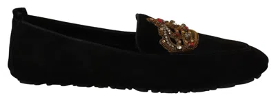 Dolce & Gabbana Leather Loafer Slides Gold Crown Embroidery In Black