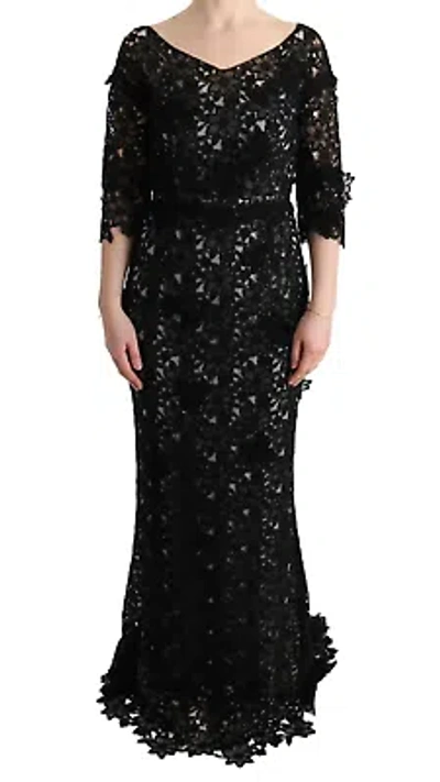 Pre-owned Dolce & Gabbana Elegant Black Maxi Shift Dress With Floral Applique