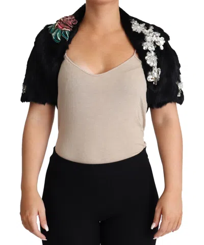 DOLCE & GABBANA ELEGANT BLACK RABBIT FUR CRYSTAL JACKET