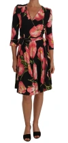 Dolce & Gabbana Black Pink Tulip Print Stretch Shift Dress In Black