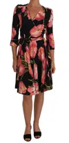 Dolce & Gabbana Black Pink Tulip Print Stretch Shift Dress In Black