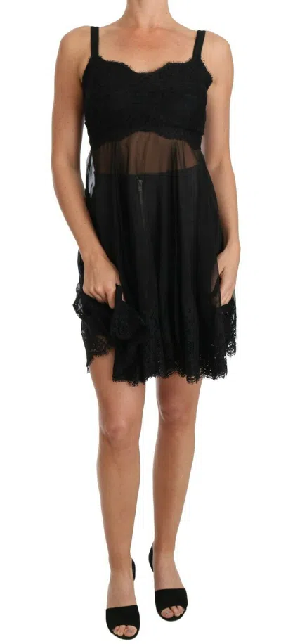 Dolce & Gabbana Elegant Black Silk Floral Lace Chemise Women's Dress