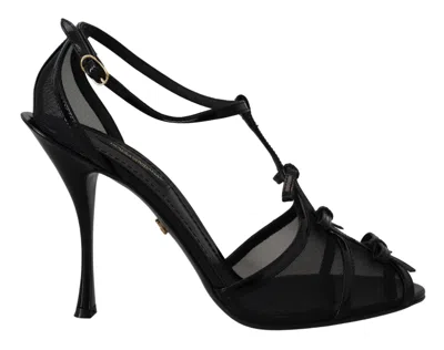 Dolce & Gabbana Stiletto Sandals Mesh Bow Peep Toe In Black