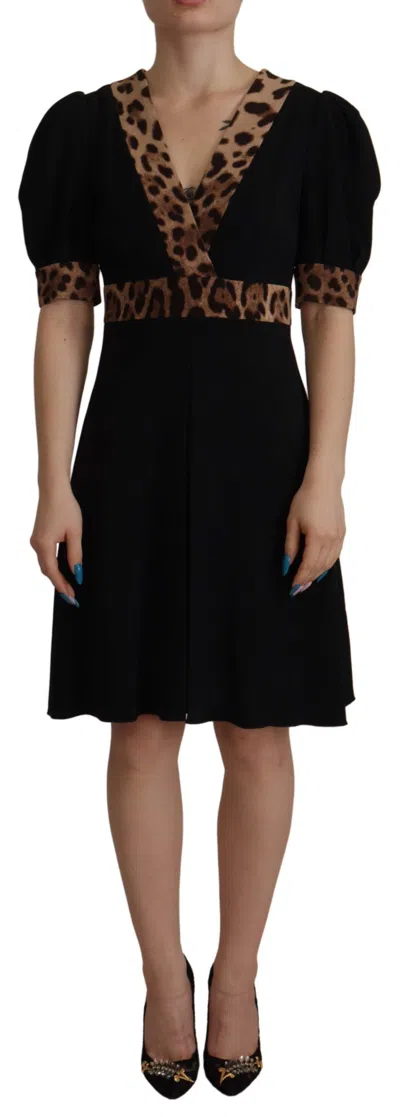 Dolce & Gabbana Leopard Lace A Line V Neck Dress In Black