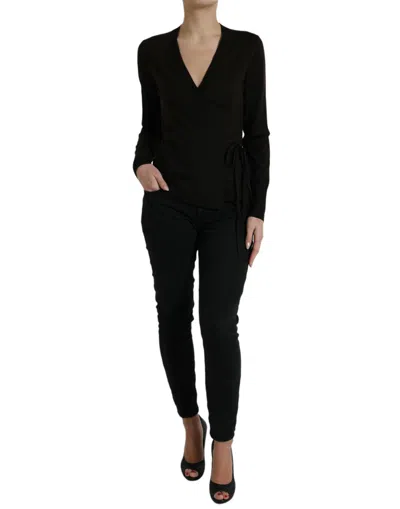 Dolce & Gabbana Wool V Neck Crossed Wrap Knit Blouse In Black