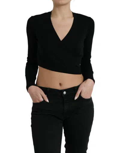 Dolce & Gabbana Wool Crossover V Neck Cropped Cardigan In Black