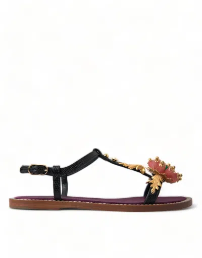 Dolce & Gabbana Crystal Floral Leather Ankle Strap Sandals In Multi