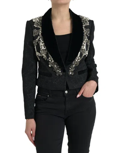 Dolce & Gabbana Black Jacquard Crystal Floral Jacket Blazer