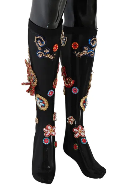 Dolce & Gabbana Stretch Carretto Crystal Knee High Socks In Black