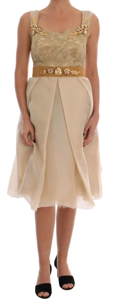 Dolce & Gabbana Silk Crystal Embellished Cocktail Dress Belt In Brown