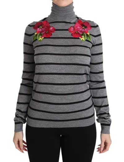 Dolce & Gabbana Cashmere-silk Striped Turtleneck Sweater In Gray