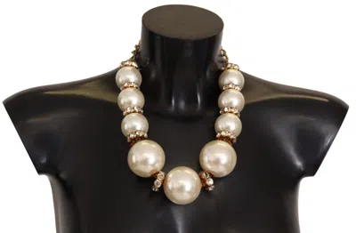 Dolce & Gabbana Elegant Faux Pearl Charm Necklace With Crystal Accents In Gold