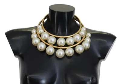 Dolce & Gabbana Elegant Faux Pearl Embellished Gold Women's Choker In White