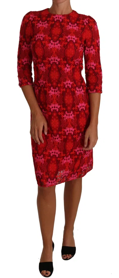Dolce & Gabbana Floral-lace Three-quarter Sleeve Dress In Red