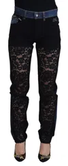 Dolce & Gabbana Black Floral Lace Front Skinny Denim Jeans In Multi