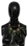 Dolce & Gabbana Green Leaves Gold Brass Crystal Flower Pendant Necklace