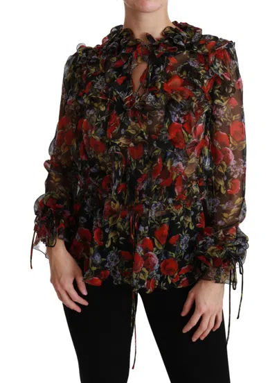 Dolce & Gabbana Floral-print Ruffled Blouse In Black