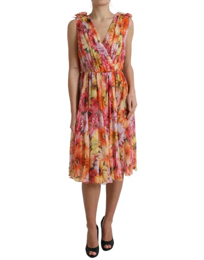 Dolce & Gabbana Floral Sleeveless Midi Dress Deep Neckline In Red
