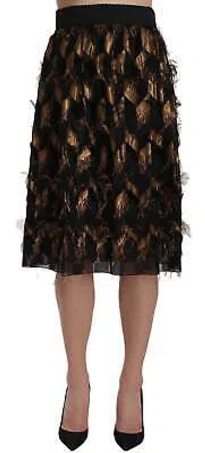 Pre-owned Dolce & Gabbana Elegant Gold Black Silk Blend High Waist Skirt In See Description