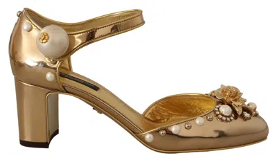 Dolce & Gabbana Elegant Gold Leather Block Heels With Crystals