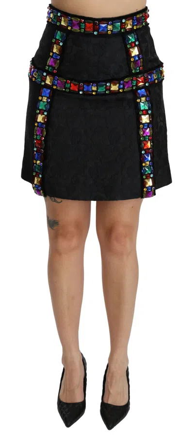 DOLCE & GABBANA ELEGANT HIGH-WAIST EMBELLISHED BLACK SKIRT