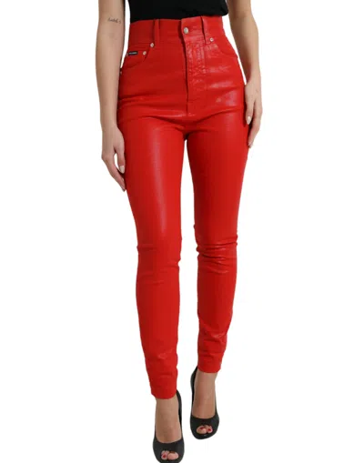 Dolce & Gabbana Shiny Polyester High-waist Skinny Trousers In Red