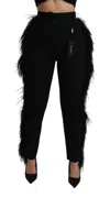 Dolce & Gabbana Black Feather Straight High Waist Wool Pants In Black