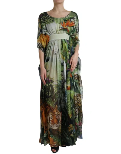 Dolce & Gabbana Elegant Jungle Print Maxi Silk Dress In Multicolor