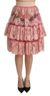 Dolce & Gabbana Pink Lace Layered High Waist Knee Length Skirt In Pink