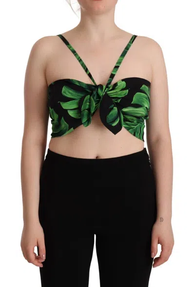 Dolce & Gabbana Elegant Leaf Print Halter Cropped Top In Black And Green