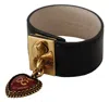 Dolce & Gabbana Black Dauphine Leather Dg Heart Key Ring Bracelet In Gold