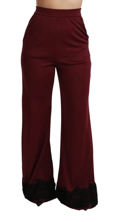 Dolce & Gabbana Lace-trimmed High Waist Wide Leg Trousers In Burgundy