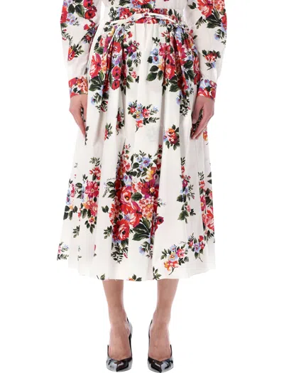 Dolce & Gabbana Elegant Midi Skirt With Vibrant Floral Print In White Multicolor Flowers