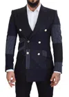 Dolce & Gabbana Blue Wool Patchwork Double Breasted Blazer In Blue