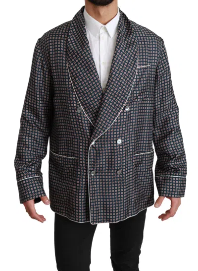 Dolce & Gabbana Silk Geometric-patterned Double-breasted Blazer In Black
