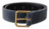 Dolce & Gabbana Navy Blue Velvet Gold Metal Logo Waist Buckle Belt In Black