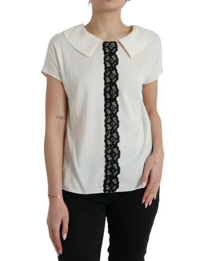 DOLCE & GABBANA ELEGANT OFF-WHITE LACE-TRIM SILK BLOUSE