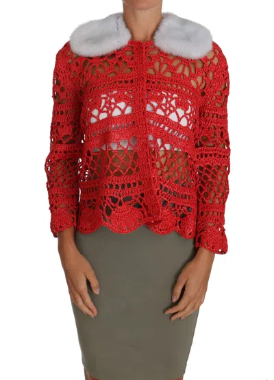 Dolce & Gabbana Crochet Lace With Fur Collar Cardigan In Red