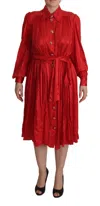 Dolce & Gabbana Red Satin Silk Button Down Belted Midi Dress