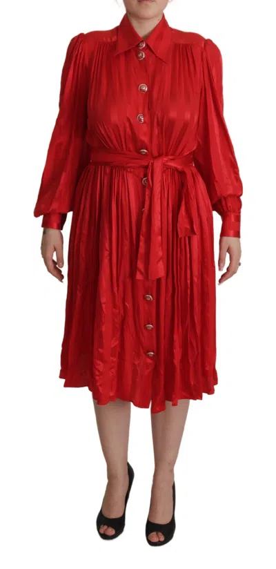 DOLCE & GABBANA ELEGANT RED SILK MIDI DRESS WITH BUTTON DETAIL