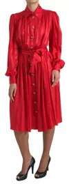Dolce & Gabbana Red Satin Silk Button Down Belted Midi Dress
