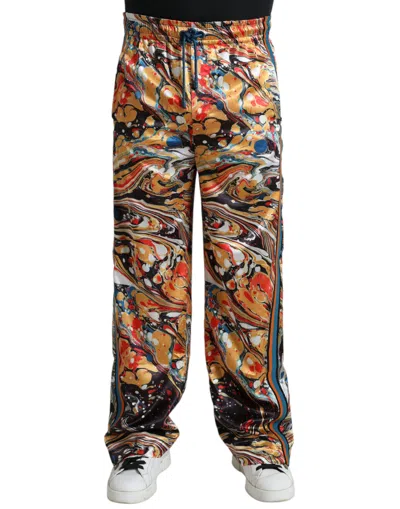 Dolce & Gabbana Elegant Satin Track Pants In Multicolor Marble In Mandarin