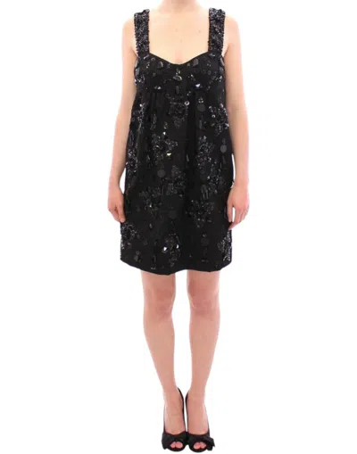 Dolce & Gabbana Floral Crystal Mini Dress Sweetheart Neckline In Black