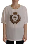 Dolce & Gabbana White Silk Gold Dg Crown Crystal Blouse Top