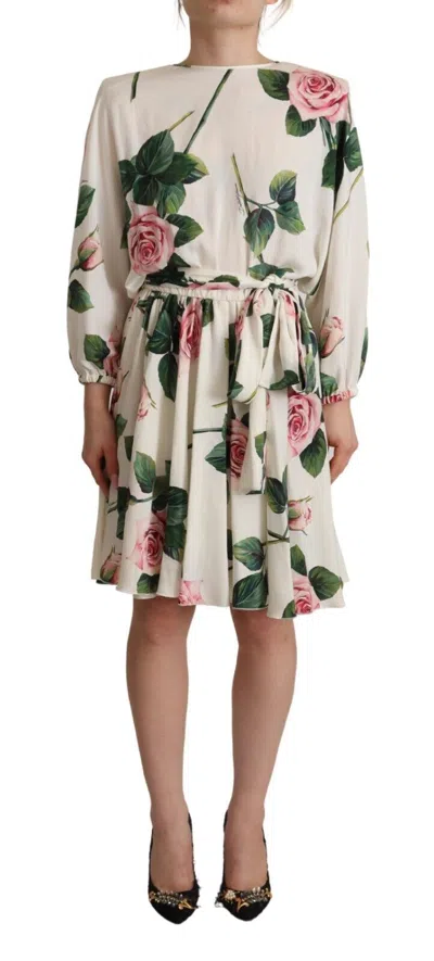 Dolce & Gabbana Rose Print Long Sleeve Silk A Line Dress In Neutral