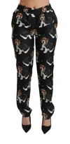 Dolce & Gabbana Black Puppy Dog Mid Waist Skinny Silk Pants In Black