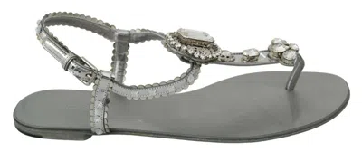 Dolce & Gabbana Crystal Ankle Strap Leather Flat Sandals In Metallic