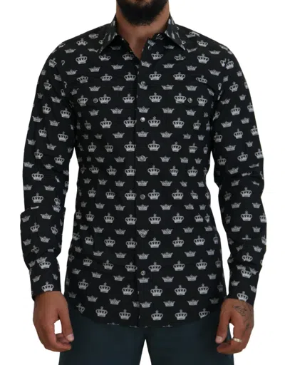 Dolce & Gabbana Elegant Slim Fit Crown Print Formal Shirt In Black