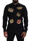 Dolce & Gabbana Black Gold Crown Slim Fit Dress Formal Shirt In Black