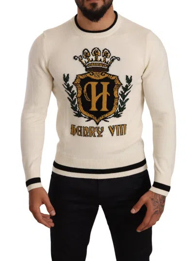 Dolce & Gabbana Elegant Snow-white Heraldic Cashmere Sweater In Neutral